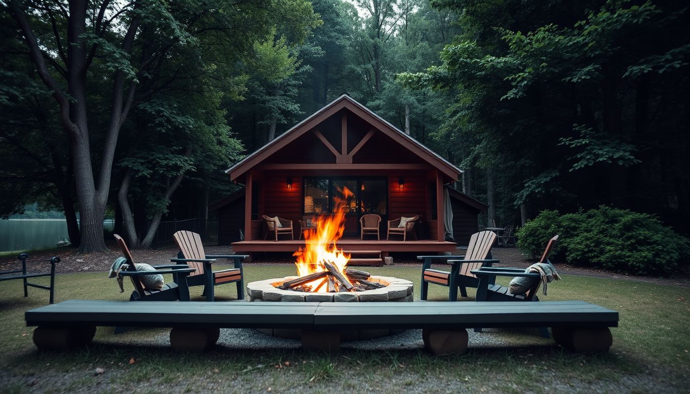 A cozy cabin by a serene lake with a fire pit.