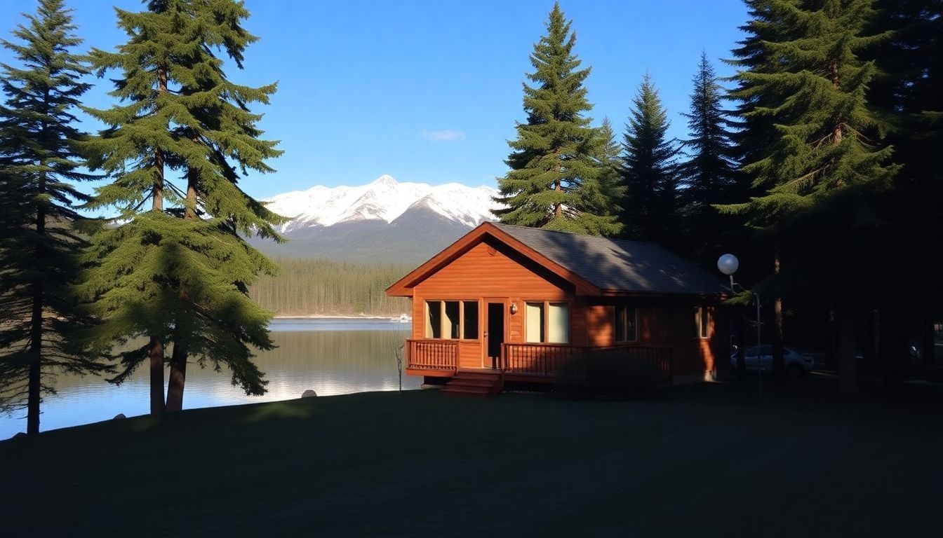 'A cozy cabin by Mirror Lake in Lake Placid with snow-capped mountains.'