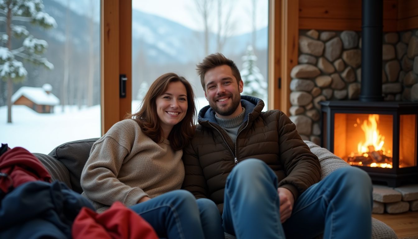 A couple in a cozy cabin surrounded by snowy mountains.