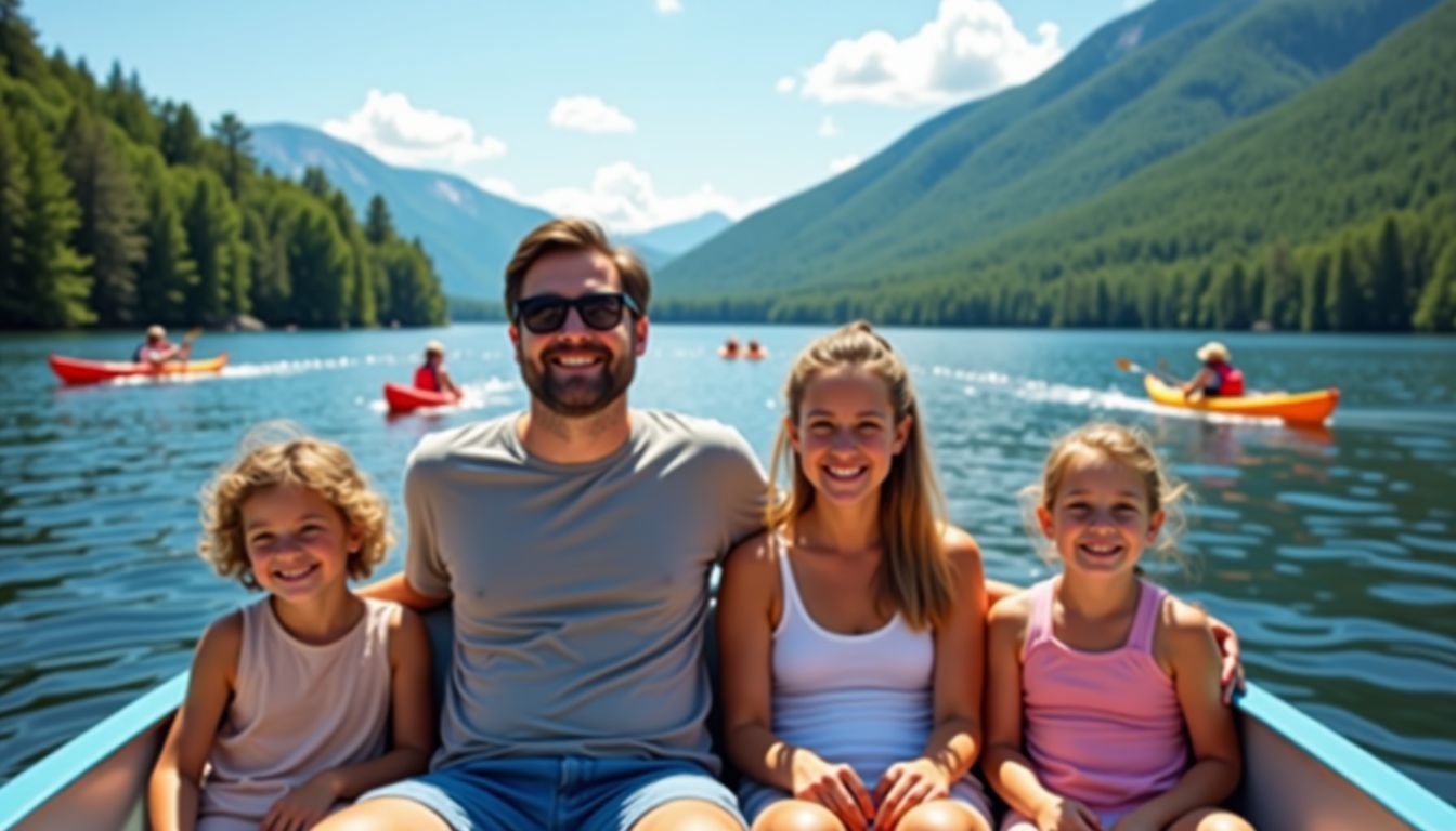 A family of four enjoying a boat ride on Mirror Lake.