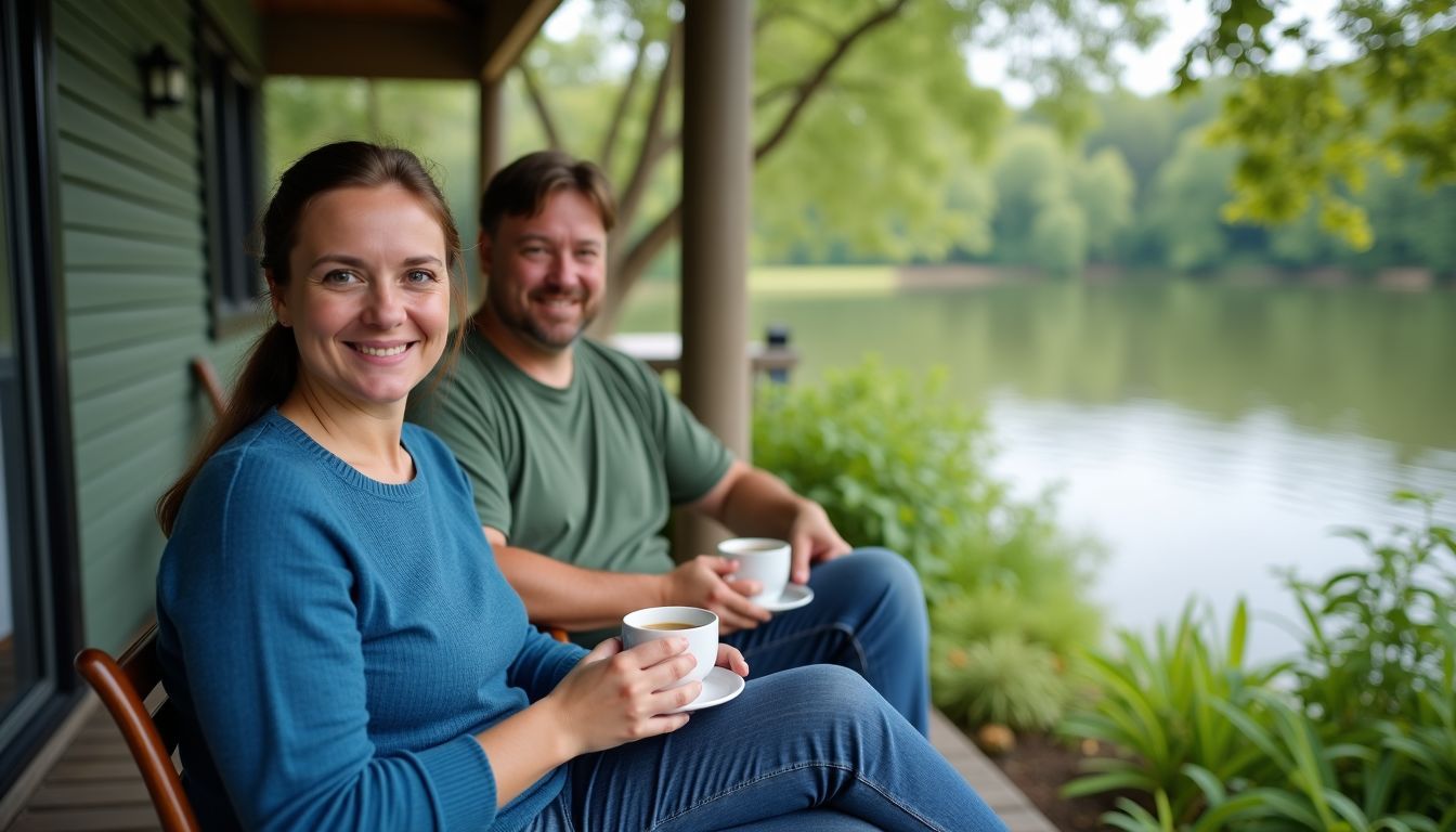 A couple enjoying morning coffee on a cozy cottage porch by a lake.