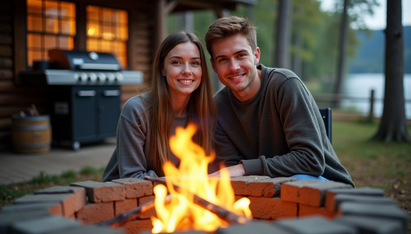 A young couple sitting by a fire pit at a cozy cabin in Lake Placid.