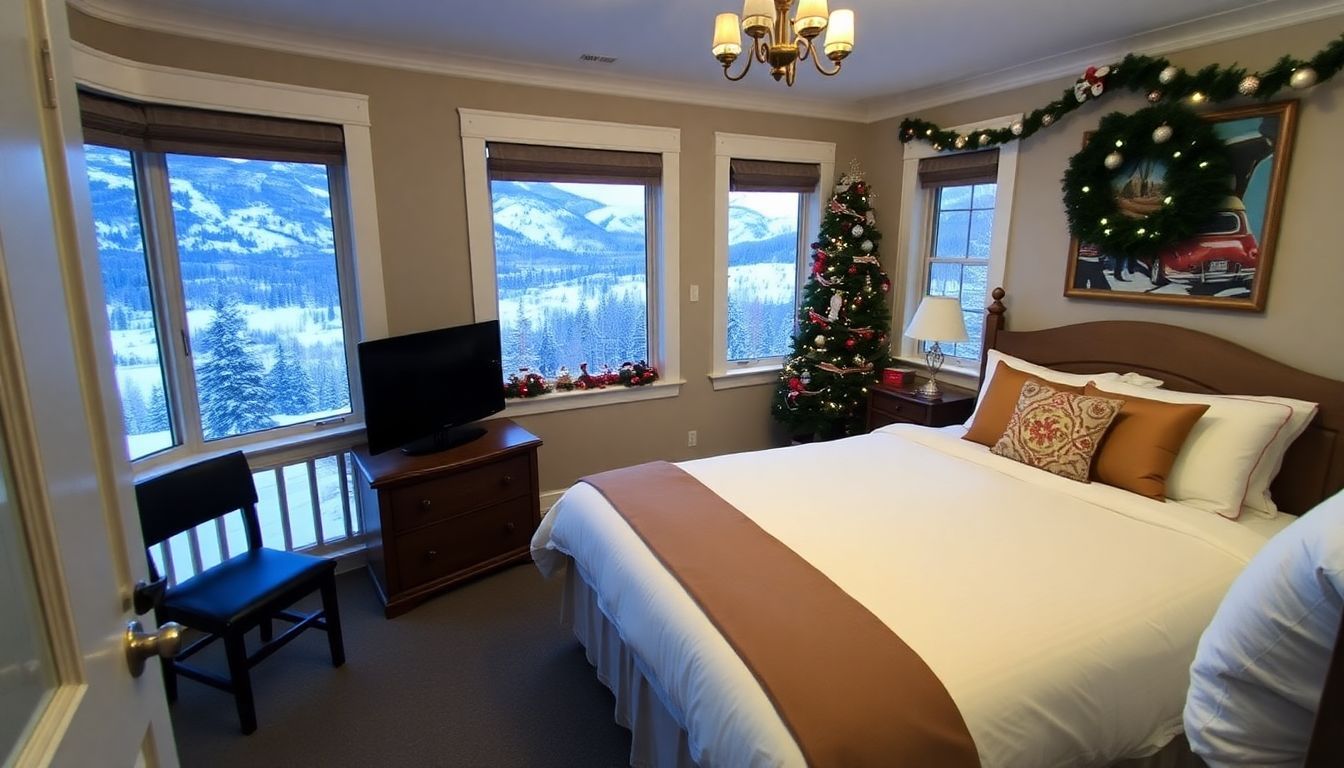 A cozy boutique cottage in Lake Placid decorated for Christmas.