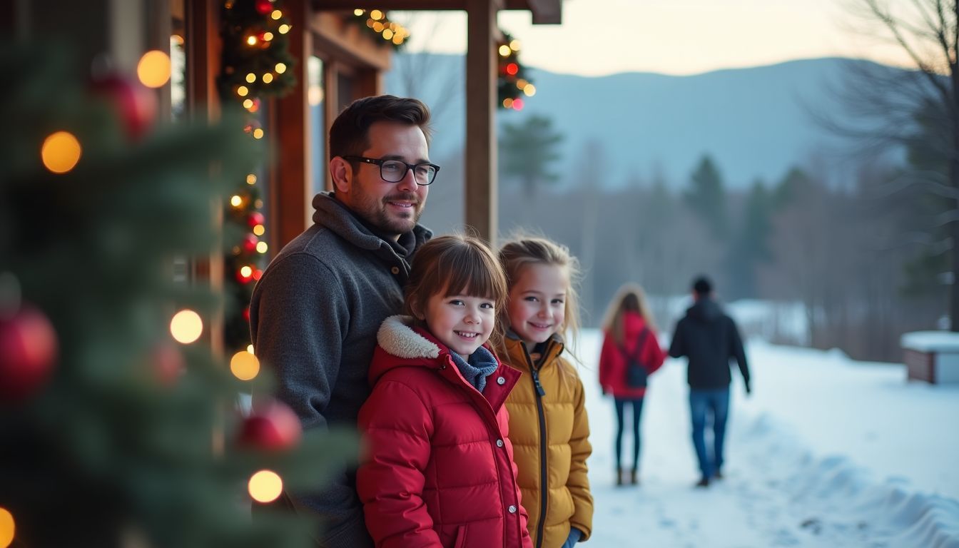 A family enjoys Christmas at a cozy vacation rental near Mirror Lake.